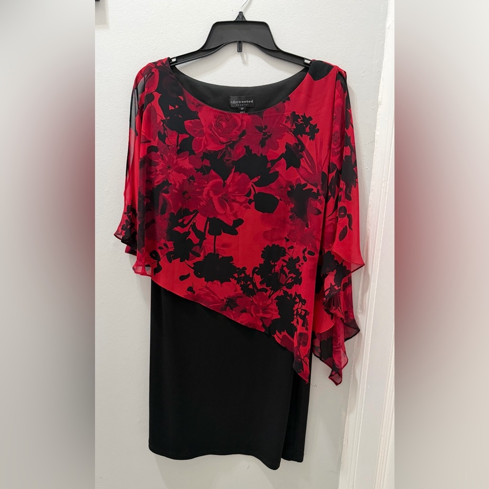 Connected apparel Red and Black Floral Asymmetrical Evening Dress